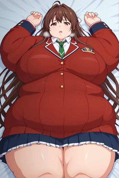 score_9, score_8_up, score_7_up, source_anime, rating_safe, intricate details, anime screencap, official style, 1girl, solo,  brown eyes, brown hair, long hair, ahoge, white_hair_ribbon, school uniform, large breasts, collared shirt, green necktie, red bla...