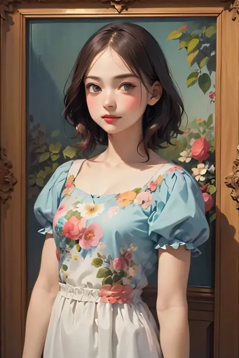 395 ((young woman)),(short hair),(Neat hair),(Ultra High Definition),(floral dress),(Leonardo da Vinci style paintings)