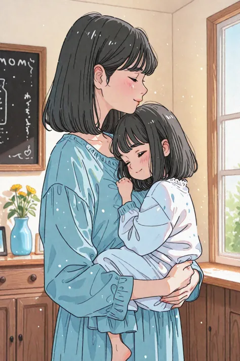 solo,(mom,female,black Hair,medium hair,wholesome,motherly),watercolor,She is cleaning the house.
