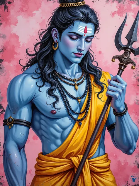 3/4th portrait of very handsome and cute Lord Shiva in neo-expressionist oil painting style ((closed eyes, he has black matted long hair, wearing yellow sage like robes((dhoti)), holding a trident/trishul, blue skin tone)), ((a snake in neck)) . Thick imp...