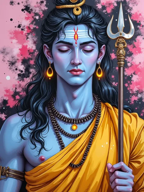 3/4th portrait of very handsome and cute Lord Shiva in neo-expressionist oil painting style ((closed eyes, he has black matted long hair, wearing yellow sage like robes((dhoti)), holding a trident/trishul, blue skin tone)), ((a snake in neck)) . Thick imp...