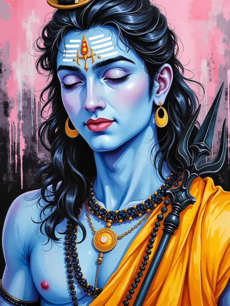 3/4th portrait of very handsome and cute Lord Shiva in neo-expressionist oil painting style ((closed eyes, he has black matted long hair, wearing yellow sage like robes((dhoti)), holding a trident/trishul, blue skin tone)), ((a snake in neck)) . Thick imp...