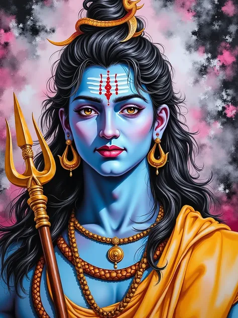3/4th portrait of very handsome and cute Lord Shiva in neo-expressionist oil painting style ((he has black matted long hair, wearing yellow robes, holding a trident/trishul, blue skin tone)), ((a snake in neck)) . Thick impasto brush strokes and heavy tex...