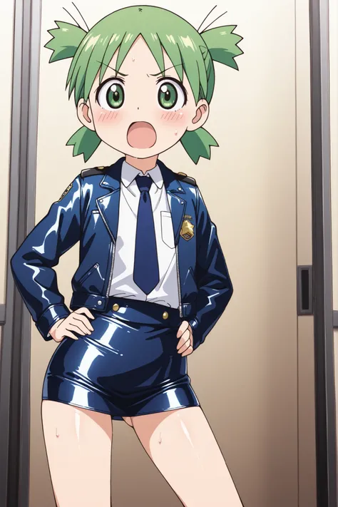 nsfw,sexy,(anime style),score_9, score_8_up, score_7_up,masterpiece, best quality,ultra detail,1girl,((((solo)))),solo,koiwai yotsuba,gleen quad tails,(green eyes),school,((white shirt)),((blue tie)),((Flat Chest)),(((knee))),(((open leg))),(hands on own h...