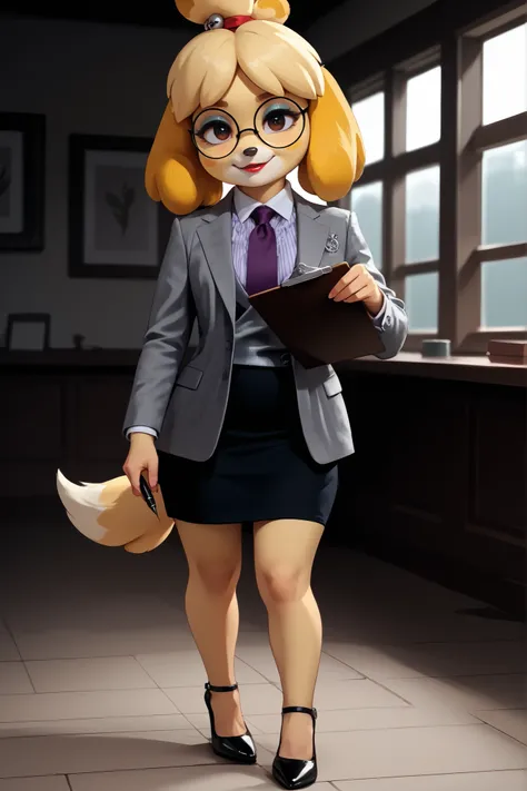 score_9, score_8_up, score_7_up, score_6_up, source_anime, three-piece suit, 1girl, thin-frame round glasses, formal, jewelry, suit, purple necktie, earrings, jacket, (((grey waistcoat))), shirt, window, (((grey jacket))), striped shirt with white collar, ...