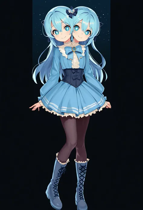 ((best quality), (high quality), (detailed), (masterpiece), good artist, 1girl, (2heads:1.5), ((long waist-length aqua blue hair:1.5)), ((long hair:1.5)),((frilly sky blue and cyan dress with a large waist ribbon)), (a lace-up bodice with a large chest bow...