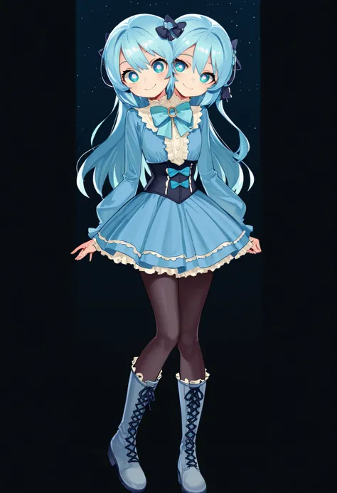 ((best quality), (high quality), (detailed), (masterpiece), good artist, 1girl, (2heads:1.5), ((long waist-length aqua blue hair:1.5)), ((long hair:1.5)),((frilly sky blue and cyan dress with a large waist ribbon)), (a lace-up bodice with a large chest bow...