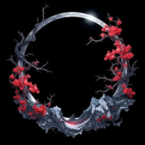 Detailed, stylish image of a round avatar frame on a deep black background in a modern Japanese style with glowing neon duplicate contours. The frame should be thin, elegant, with asymmetrical elements inspired by traditional Japanese aesthetics (for examp...