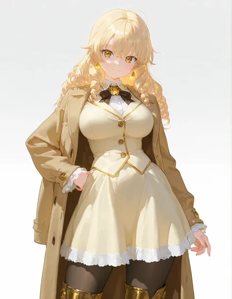 masterpiece, best quality, official anime illustration, (original character:1.2), (1girl:1.2), (solo:1.2), cowboy shot, from front, voluptuous body, large breasts, looking at viewer, standing, rim light, sharp line-art, vivid cel shading, simple white back...