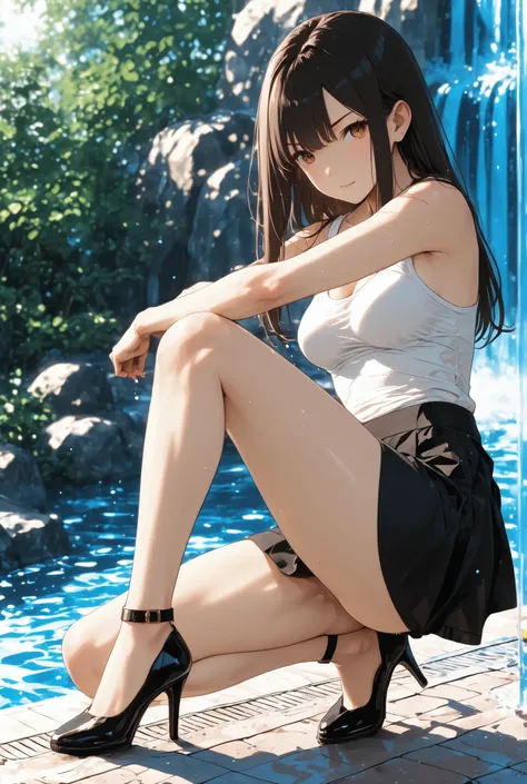 The Woman Who Stands Up　small beautiful breasts　tank top　Miniskirt　high heels　river　waterfall　Pool　Observation Deck　Between the legs　open their legs wide