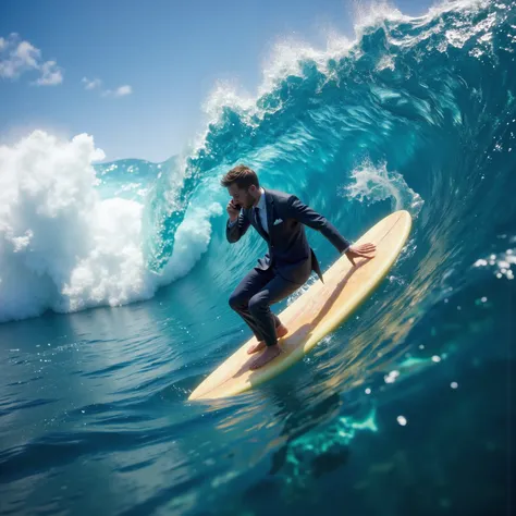 A man in a 3 piece suit and bare feet is on a surfboard   inside of a huge wave that he is halfway inside of. He is on his cell phone, and there is the fin of a huge great white shark right behind him. Ultra-realistic, photo-realistic , ultra-detailed,  ph...