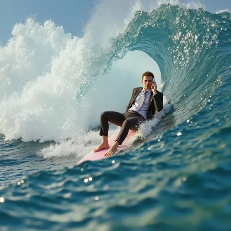 A man in a suit and tie with pants and bare feet is riding  on a surfboard inside the barrel of a huge 35-foot  tall wave. He is on his cell phone, and there is the figure of a gigantic great white shark right behind him. Ultra-realistic, photo-realistic ,...