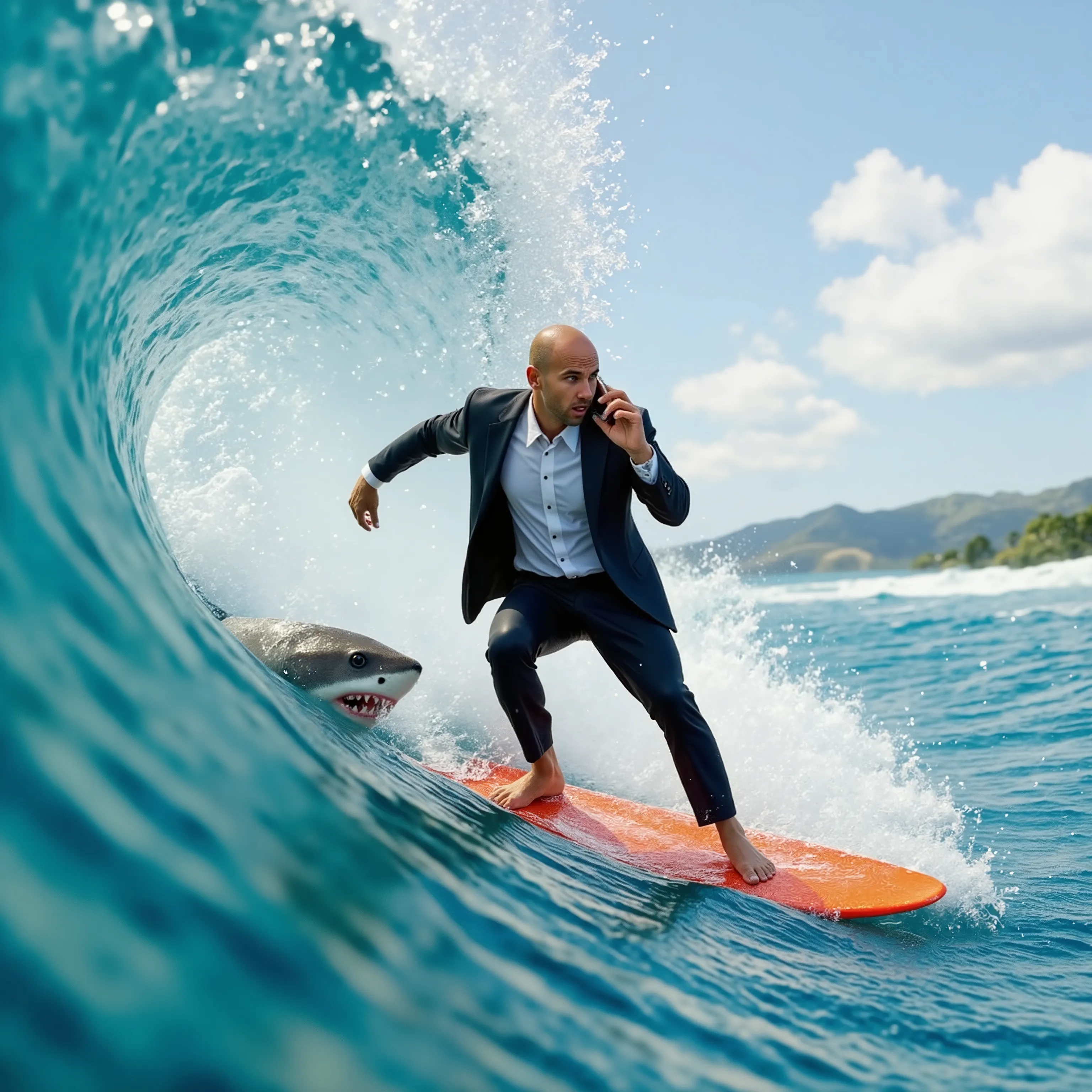 A man in a suit and tie with pants and bare feet is riding  on a surfboard inside the barrel of a huge 35-foot  tall wave. He is on his cell phone, and there is the figure of a gigantic great white shark right behind him. Ultra-realistic, photo-realistic ,...