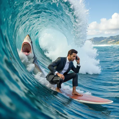 A man in a suit and tie with pants and bare feet is riding a surfboard inside the barrel of a huge 35-foot  tall wave. He is on his cell phone, and there is the figure of a gigantic great white shark right beside him. Ultra-realistic, photo-realistic , ult...