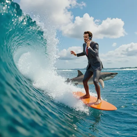 A man in a suit and tie with pants and bare feet is riding  on a surfboard inside the barrel of a huge 35-foot  tall wave. He is on his cell phone, and there is the figure of a gigantic great white shark right behind him. Ultra-realistic, photo-realistic ,...