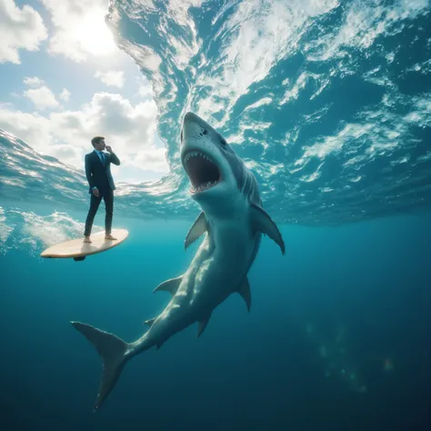 A man in a 3 piece suit and bare feet is on a surfboard   inside of a huge wave that he is halfway inside of. He is on his cell phone, and there is the fin of a huge great white shark right behind him. Ultra-realistic, photo-realistic , ultra-detailed,  ph...