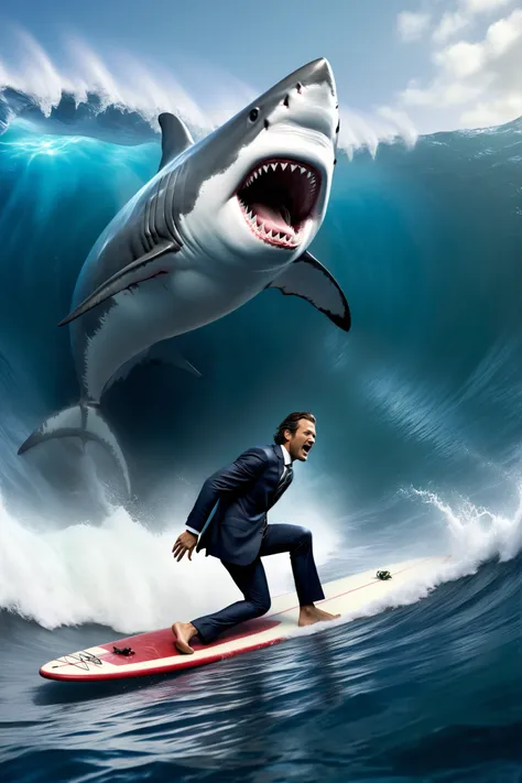 A man in a suit and tie with pants and bare feet is riding a surfboard inside the barrel of a huge 35-foot  tall wave. He is on his cell phone, and there is the figure of a gigantic great white shark right beside him. Ultra-realistic, photo-realistic , ult...