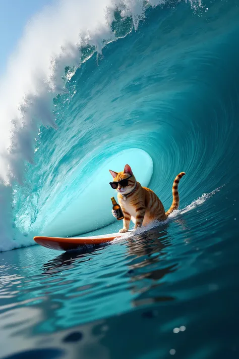 A cat with sunglasses and a beer  is riding a surfboard inside the barrel of a huge 35-foot  tall wave. He's looking cool and there is the figure of a gigantic great white shark right beside him. Ultra-realistic, photo-realistic , ultra-detailed, physicall...