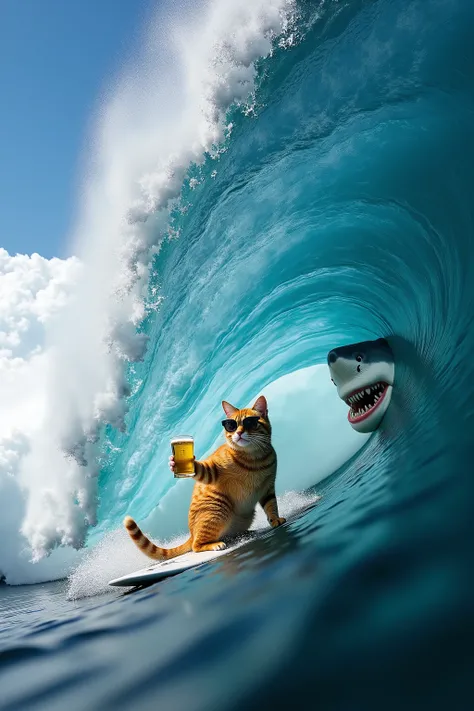 A cat with sunglasses and a beer  is riding a surfboard inside the barrel of a huge 35-foot  tall wave. He's looking cool and there is the figure of a gigantic great white shark right beside him. Ultra-realistic, photo-realistic , ultra-detailed, physicall...