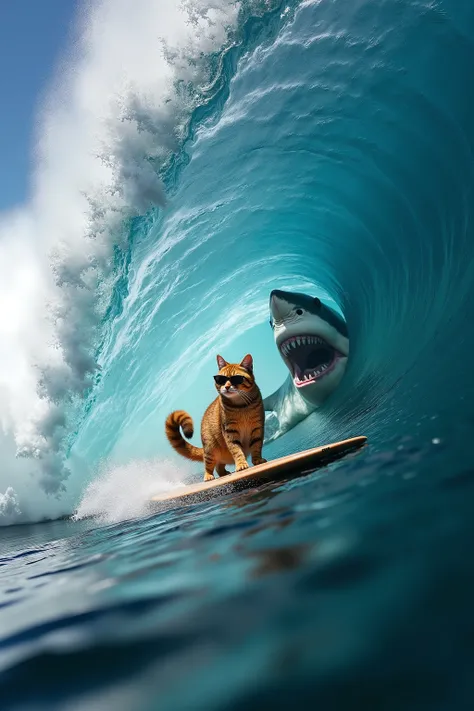 A cat with sunglasses and a beer  is riding a surfboard inside the barrel of a huge 35-foot  tall wave. He's looking cool and there is the figure of a gigantic great white shark right beside him. Ultra-realistic, photo-realistic , ultra-detailed, physicall...