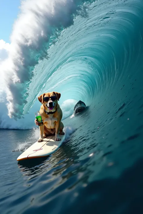A dog with sunglasses and a beer is riding a surfboard inside the barrel of a huge 35-foot  tall wave. He's looking cool and there is the figure of a gigantic great white shark right beside him. Ultra-realistic, photo-realistic , ultra-detailed, physically...