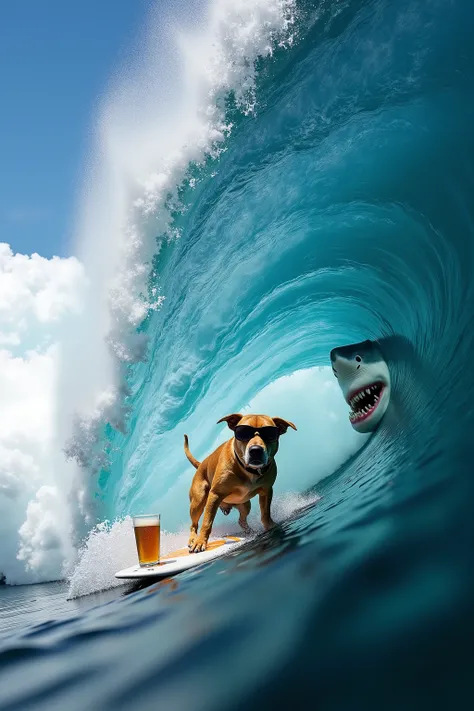 A dog with sunglasses and a beer is riding a surfboard inside the barrel of a huge 35-foot  tall wave. He's looking cool and there is the figure of a gigantic great white shark right beside him. Ultra-realistic, photo-realistic , ultra-detailed, physically...