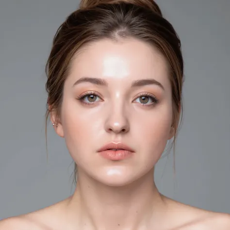 detailed,realism,skin texture style,no expression,, ((best quality)), ((masterpiece)), (detailed), , closeup photo, , soft lighting, front view, center composition photo, , bun hairstyle, , looking at camera, front face pose, full face photo, naked, 1 girl...