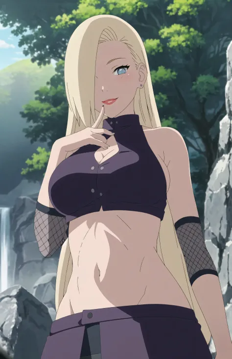 Adult_LongHair_InoYamanaka_ownwaifu,
1girl, blonde hair, hair over one eye, blue eyes, long hair, very long hair, makeup, lipstick, large breasts, red lips, earrings, groin, straight hair, toned, 
arm warmers,  bare shoulders, midriff, navel, crop top, sle...