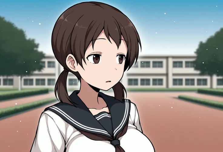 masterpiece,best quality,amazing quality, outdoors,school,depth of field,blurry background,light particles, solo, girlnao, medium hair,school uniform,serafuku,brown hair,brown eyes,large breasts,looking away,low twintails,expressionless, open mouth,