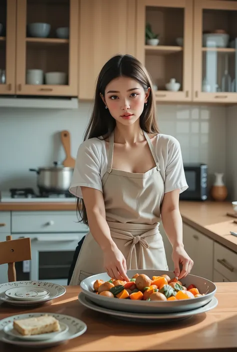 An adult woman is cooking, alone, I'm making very tasty food, A simple face-to-face kitchen at home, Beautifully decorated plates adorn the dining table, I'm looking forward to my family coming back。
