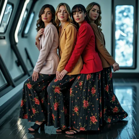 Inside a futuristic spaceship, four mature women in Sapphic Union uniforms: tailored jackets and long, floral, pleated skirts skimming the floor. Soft, dim lighting highlights holographic displays and their braided hair. Low-heeled shoes add practicality. ...
