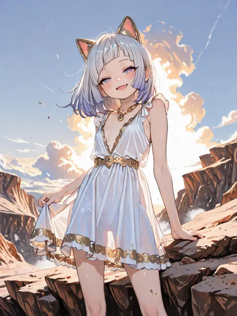((Masterpiece)), ((best quality, amazing quality)), (wide shot), ((very aesthetic, absurdres, newest, detailed background)), (Intense backlighting), ((1girl)), Cute young Girl, (Healthy Gaunt body, Textured skin, small breast, tilt head), (pale purple eyes...