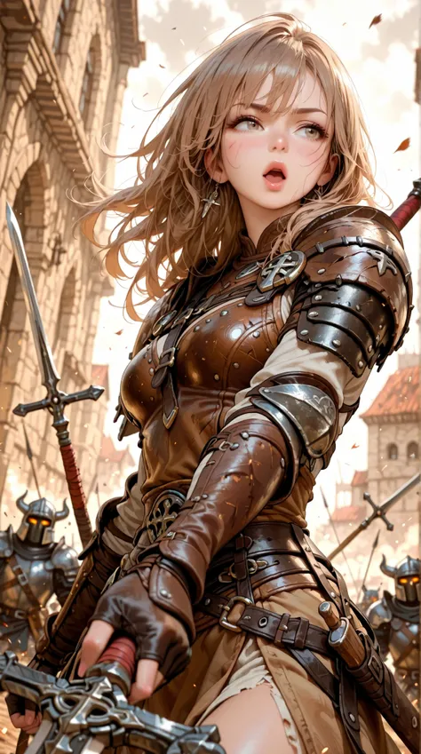Dynamic perspective angle shot, A digital art image shows a warrior girl, long brunette hair, beautiful light brown colors eyes, enemy surrounding her . She wields a spear to protect , she has the high ground , blades cross in front of her.She wears leathe...