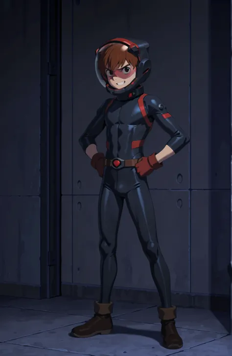 black and red accent hero masked men anime, solo, 1boy, single boy, short arms, short legs, standing, arms both down, hands on the waist, black backround, 1boy, hush_middy, gloves, uniform, black and red accent body suit, male focus, mysterious grin, black...