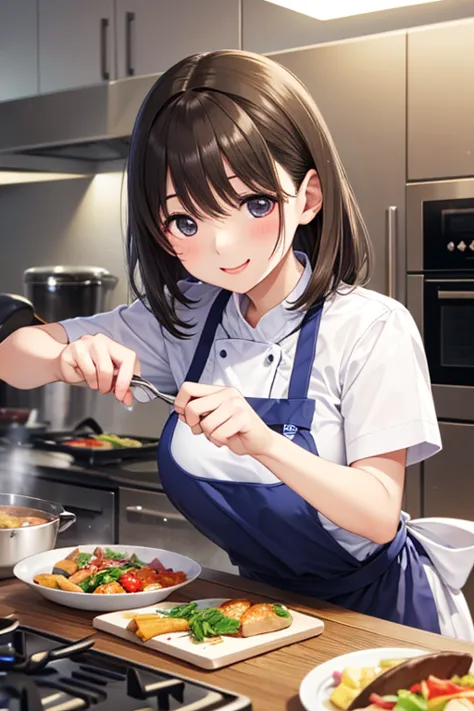 kitchen, cooking, Smile Yan, Dynamic movement, confident, sparkle、