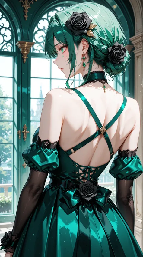 womanhood, back cross strap dress, Full Race, black rose accessories, teardrop earrings, emerald green,