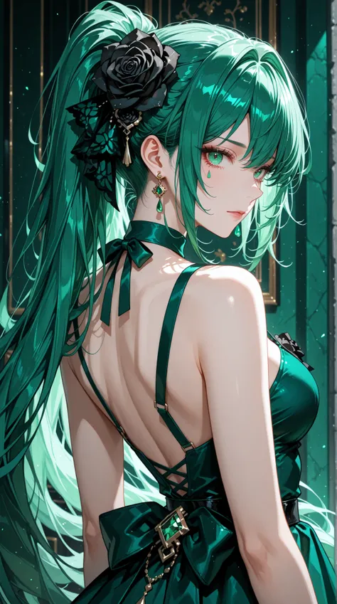womanhood, back cross strap dress, Full Race, black rose accessories, teardrop earrings, emerald green,