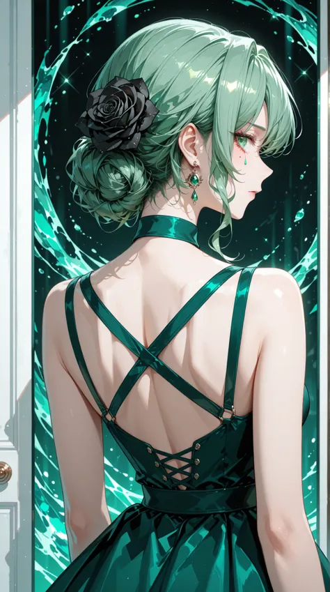 womanhood, back cross strap dress, Full Race, black rose accessories, teardrop earrings, emerald green,