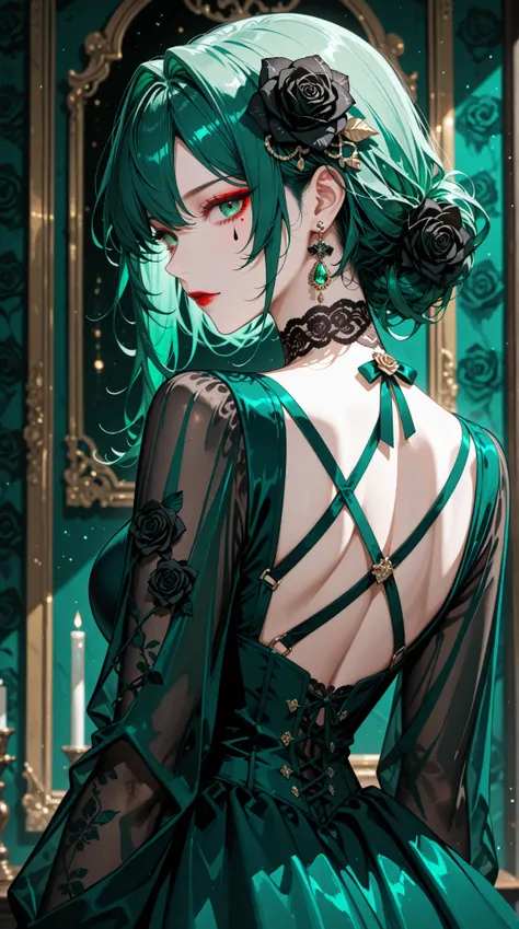 womanhood, back cross strap dress, full lace choker, black rose accessories, teardrop earrings, emerald green, red eyeshadow,
