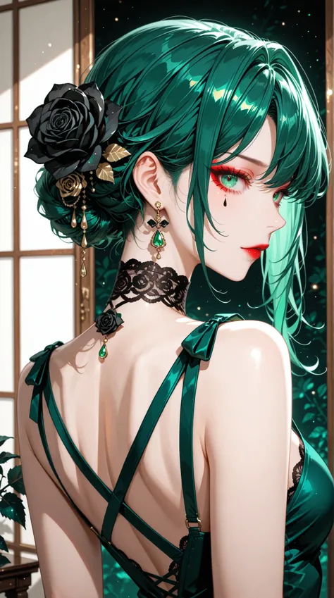 womanhood, back cross strap dress, full lace choker, black rose accessories, teardrop earrings, emerald green, red eyeshadow,