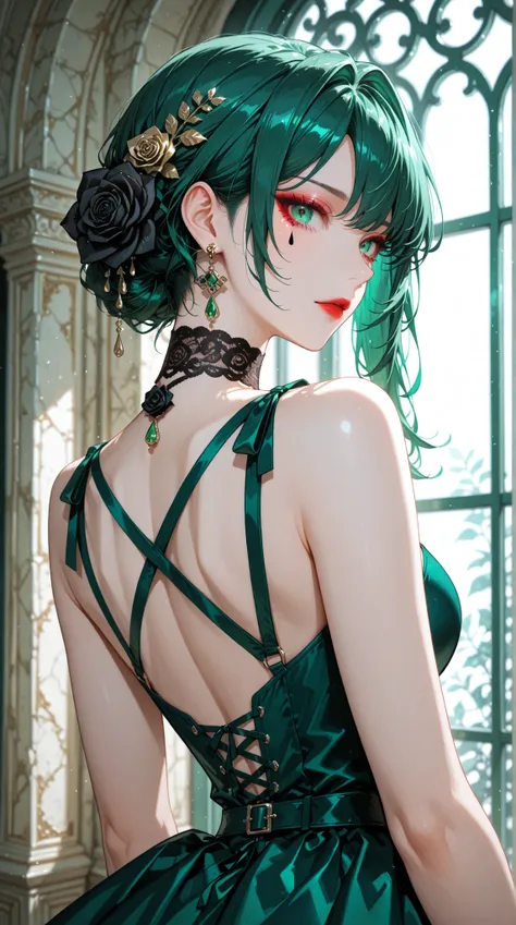 womanhood, back cross strap dress, full lace choker, black rose accessories, teardrop earrings, emerald green, red eyeshadow,