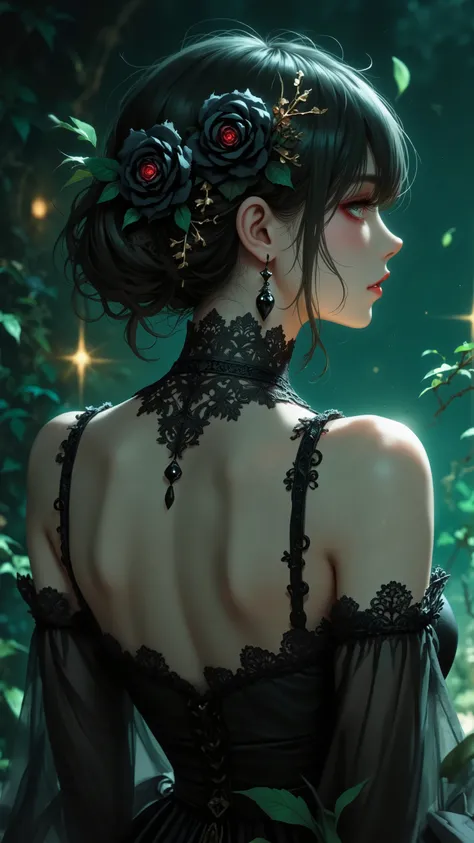 womanhood, back cross strap dress, full lace choker, black rose accessories, teardrop earrings, emerald green, red eyeshadow, 