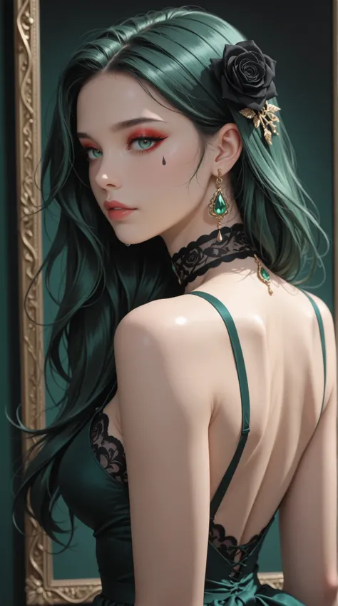 womanhood, back cross strap dress, full lace choker, black rose accessories, teardrop earrings, emerald green, red eyeshadow, 