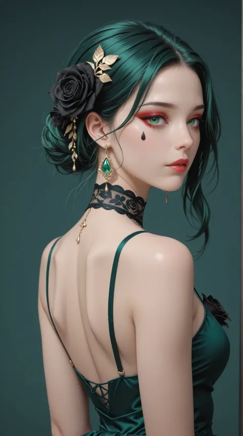 womanhood, back cross strap dress, full lace choker, black rose accessories, teardrop earrings, emerald green, red eyeshadow, 