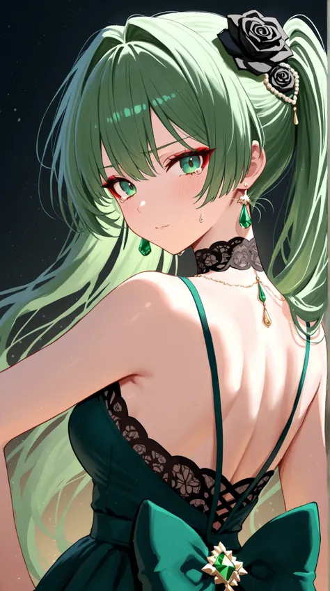 womanhood, back cross strap dress, full lace choker, black rose accessories, teardrop earrings, emerald green, red eyeshadow, 