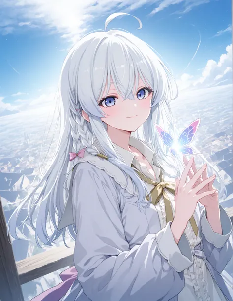 Elaina from majo no tabi tabi, Clear white hair,The tips of the hair are,Wearing milky super light blue ,Light blue eyes,Very cute sweet girl,Beautiful fingers,
