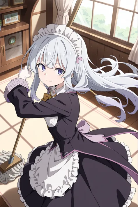 (masterpiece),(best_quality),4K,((high contrast)),(vibrant colors),(clean lines),(very_aesthetic),(crisp quality), (ultra-detailed), BREAK Elaina from majo no tabi tabi, 1girl,solo, silver hair, long hair,hime cut,sidelocks, tailcoat, maid headdress, silk...