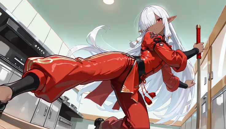 ( masterpiece , best quality , high quality ,8k,) girl elf (dark-skin:1.4) queen flat-chests. silverr-short-bob-bun-hair. (red Kung fu clothing :1.4) (pants:1.4) (long-sleeves:1.4) apron. tights (hair over one eye, bangs, long bangs, :1.4) red-eyes .hungry...