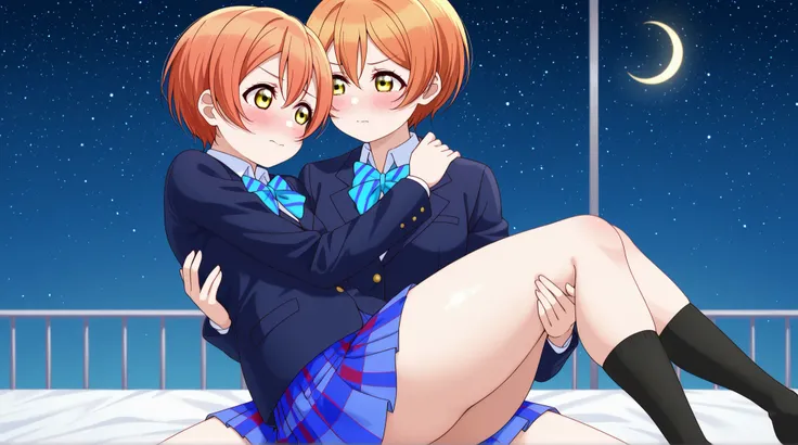 1girl, hoshizora rin, striped, short hair, blush, otonokizaka school uniform, lovelive_rin black blazer, blue plaid skirt, blue stripe bowtie, orange hair, very short hair, hair between eyes, yellow green eyes,thick thighs,knee up,crescent moon, stars (sky...