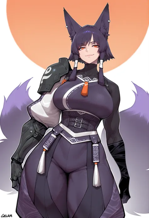 gorgeous kitsune girl, beautiful face, kitsune, hair of ash-purple color, beautiful woman, orange eyes, slit pupils, volputrous body, toned woman, curvy and athletic, fox ears, short hair, dark japanese jacket, buggy pants, single pauldron, single vambrace...